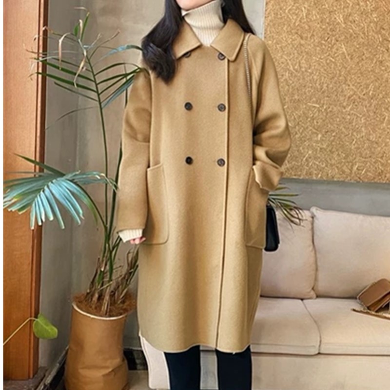 新款雙面羊絨大衣女長呢大衣娃娃領雙排扣大氣毛呢大衣黑色大衣