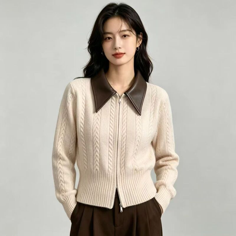 Korean-style fashionable color-blocked Polo collar knitted cardigan for women, autumn and winter design, double zipper, short soft sweater Korean-style fashionable color-blocked Polo collar knitted cardigan for women, autumn and winter design, double zipper, short soft sweater