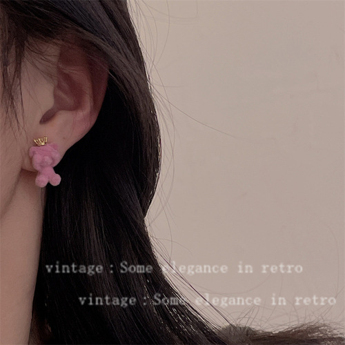 秋冬毛绒小熊系列耳钉项链戒指ins复古可爱皇冠卡通耳钉杨幂同款