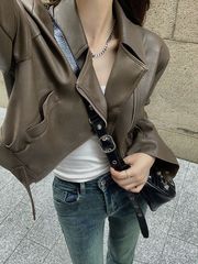 欧货翻领短款pu皮外套女2025春秋新款气质感机车炸街小个子皮夹克