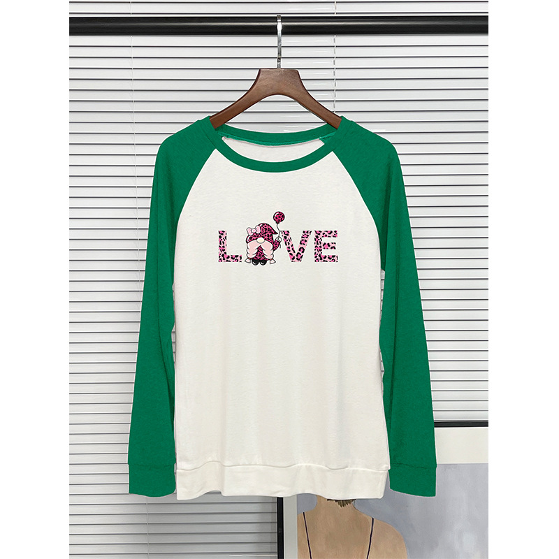Summer round neck patchwork long sleeved t-shirt, women's LOVE Valentine's Day printed top_voghion.com