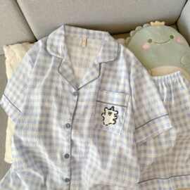 夏天格子衬衫女云朵棉情侣短袖短裤睡衣家居服两件套装男士夏季