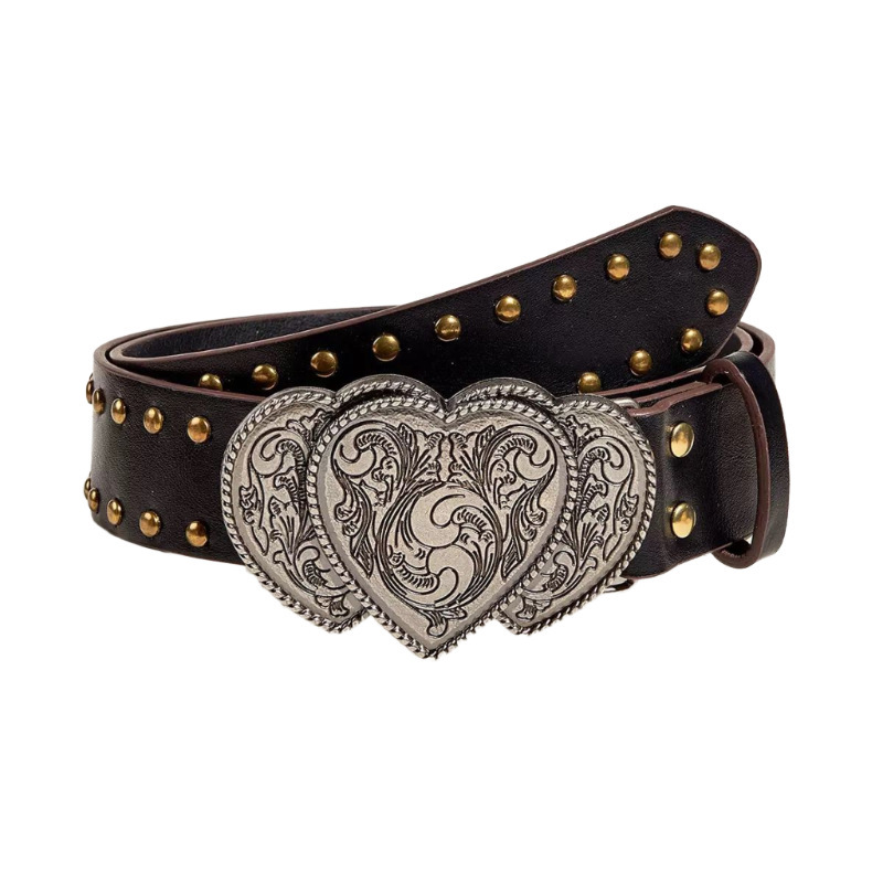 American Retro Rivet Belt Punk Style Heart Buckle Leather Belt Y2K Western Cowboy High-End Versatile Trendy Waist Belt