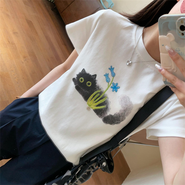 Healing Three-dimensional White Ink Cat Printed Embroidery Loose Slimming Short Round Neck T-shirt for Women 2025 Summer