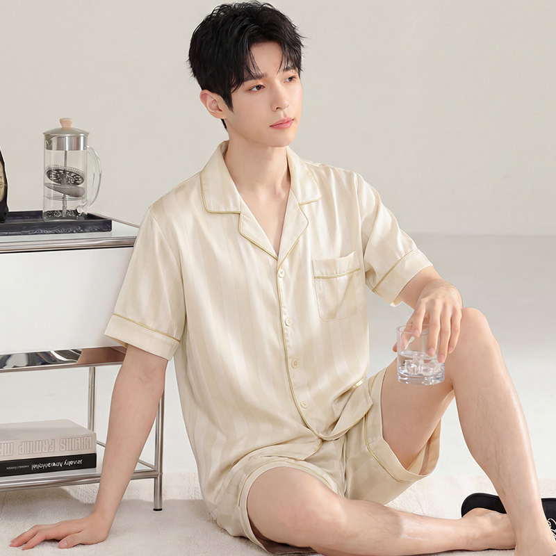 Wholesale Men's Pajamas Summer Thin Ice Silk Short-Sleeved Shorts Casual High-Quality High-End Home Wear Set for Men