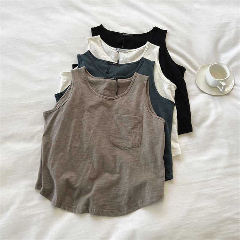 Small Pocket Solid Color Slub Cotton Loose Short Sleeveless Vest Women's Inner Single Wear Sling Outer Wear Summer Thin Top Small Pocket Solid Color Slub Cotton Loose Short Sleeveless Vest Women's Inner Single Wear Sling Outer Wear Summer Thin Top