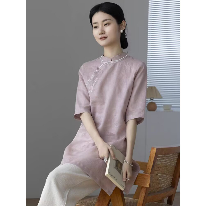 リネン新中国風ラウンドネックミッドスリーブ刺繍トップ 2025 夏新文学レトロルーズミッドレングスシャツ|undefined