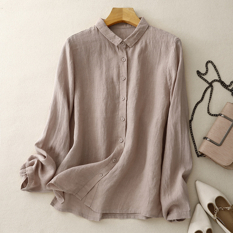 High-End Cotton and Linen Long-Sleeved Shirt for Women 2025 Autumn and Winter New Style Mom's Artistic Casual Loose Lapel Linen Top