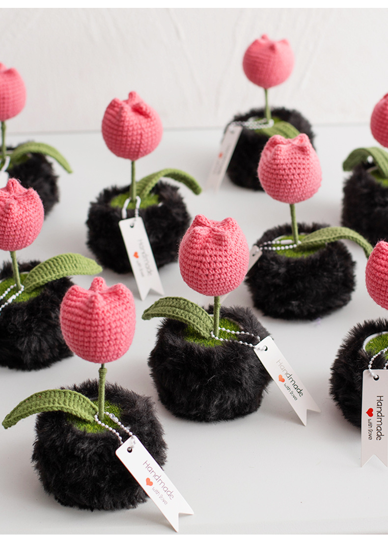 Handcrafted artificial flower ornaments, tulip crocheted potted plants, knitted woolen flowers, as bouquet gifts for elders and friends pic 9