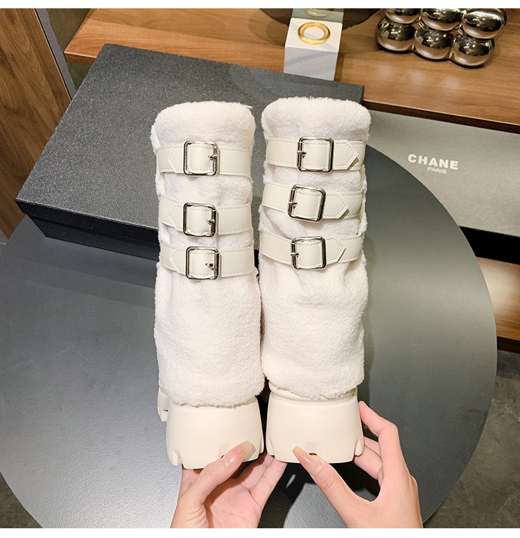 Giày boot nữ cổ thấp đế dày lông ấm khóa thắt lưng — Trắng nhạt 15CM chi tiết 19