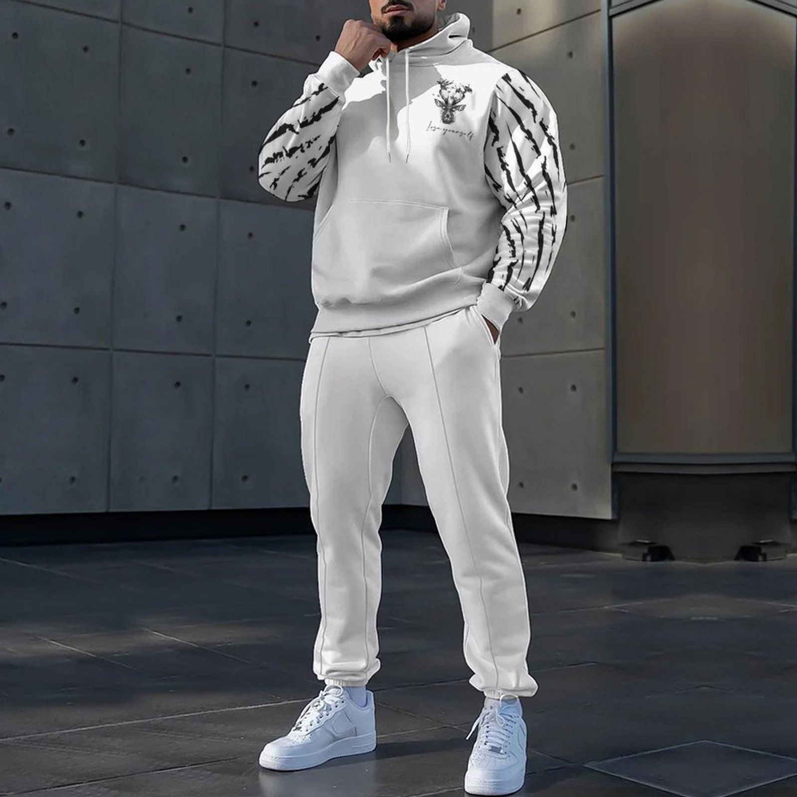 Otoño nuevo estilo de los hombres colorido color de contraste estilo de diseño estilo popular cordón suéter con capucha pantalones MC11-ML1