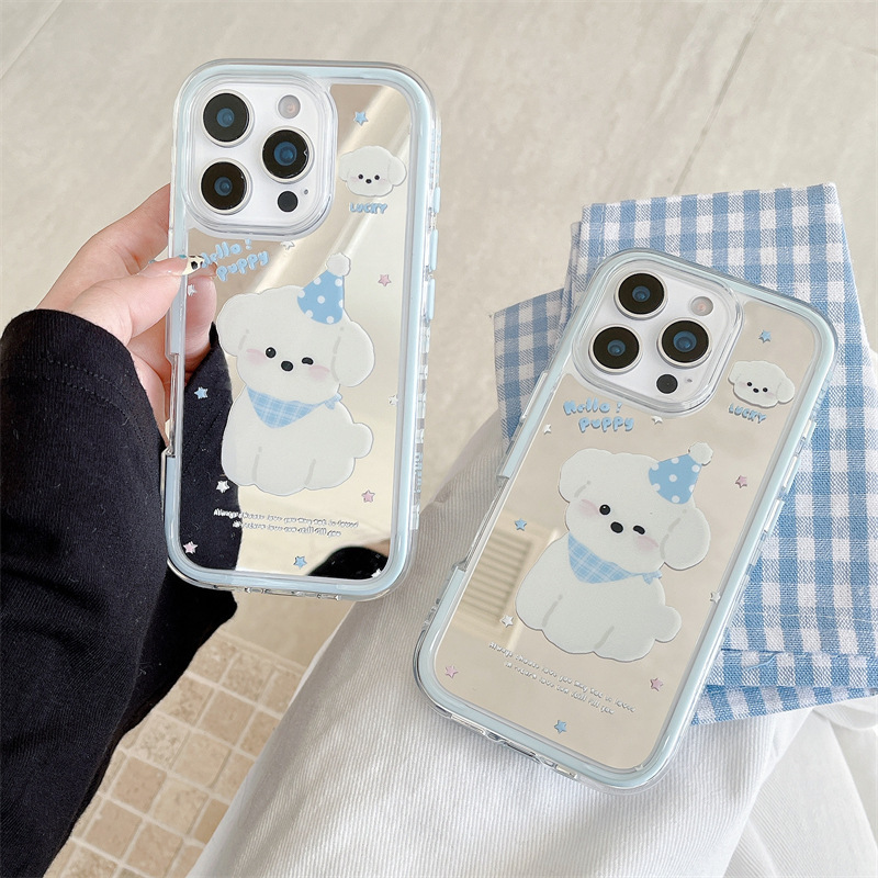Lindo y lindo perro blanco para Apple 15 funda para teléfono móvil iphone16ProMax espejo dos en uno 13 femenino 14