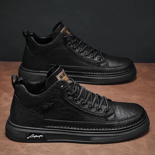 Spring Men's Breathable Waterproof Chef Shoes Men's Trendy Versatile Black Leather Shoes Athletic Casual Platform Shoes Men