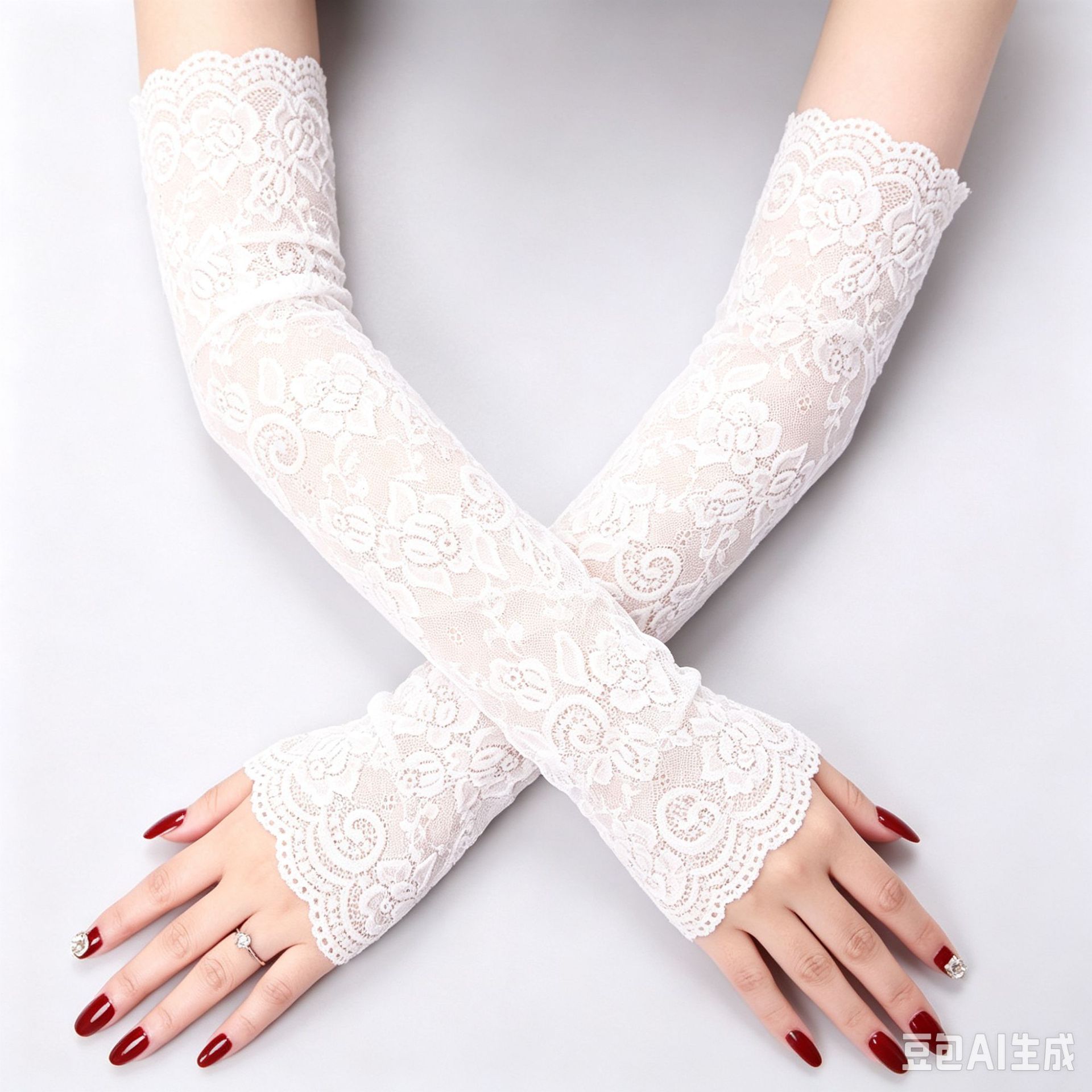 Women’s Lace Sun Protection Arm Sleeves, Summer Ice Silk Driving Gloves, Beige, One Size — detail image 2
