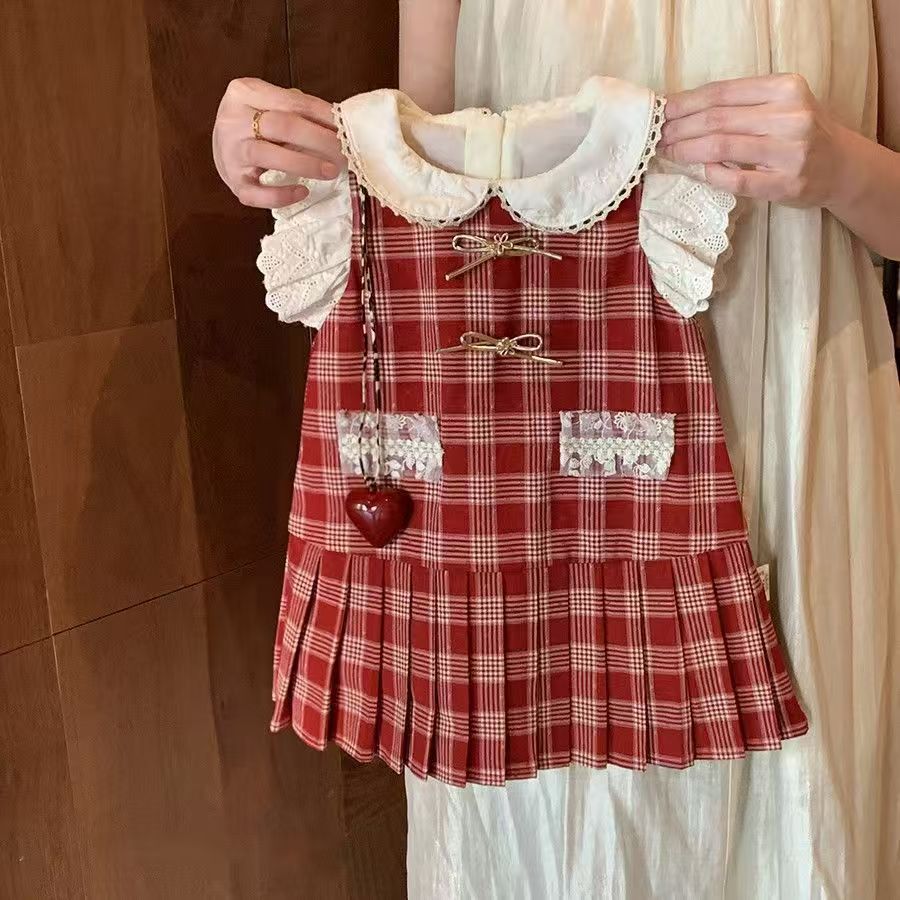 Little Girl's Red Plaid Lace Vest Dress, Stylish Dress for Baby Girls, Girls' Preppy Style Dress, 2026 Summer Model
