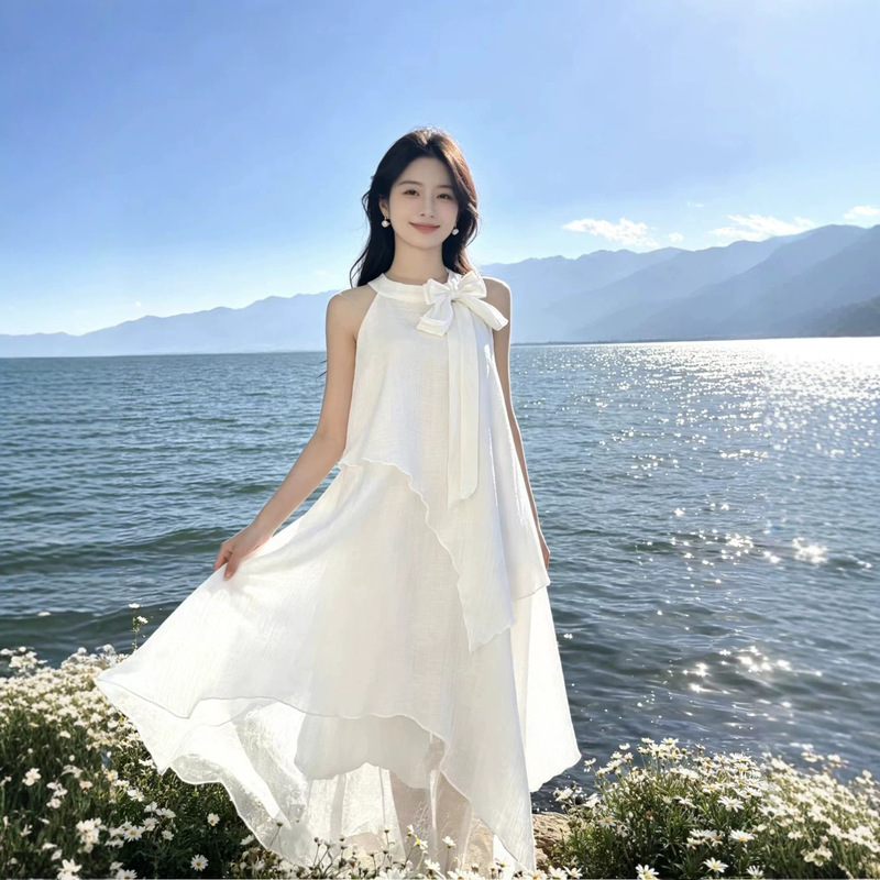 2026 New Summer Style White Halter Neck Bow Dress for Women, Summer Seaside Resort Style Asymmetrical Elegant Long Dress 2026 New Summer Style White Halter Neck Bow Dress for Women, Summer Seaside Resort Style Asymmetrical Elegant Long Dress