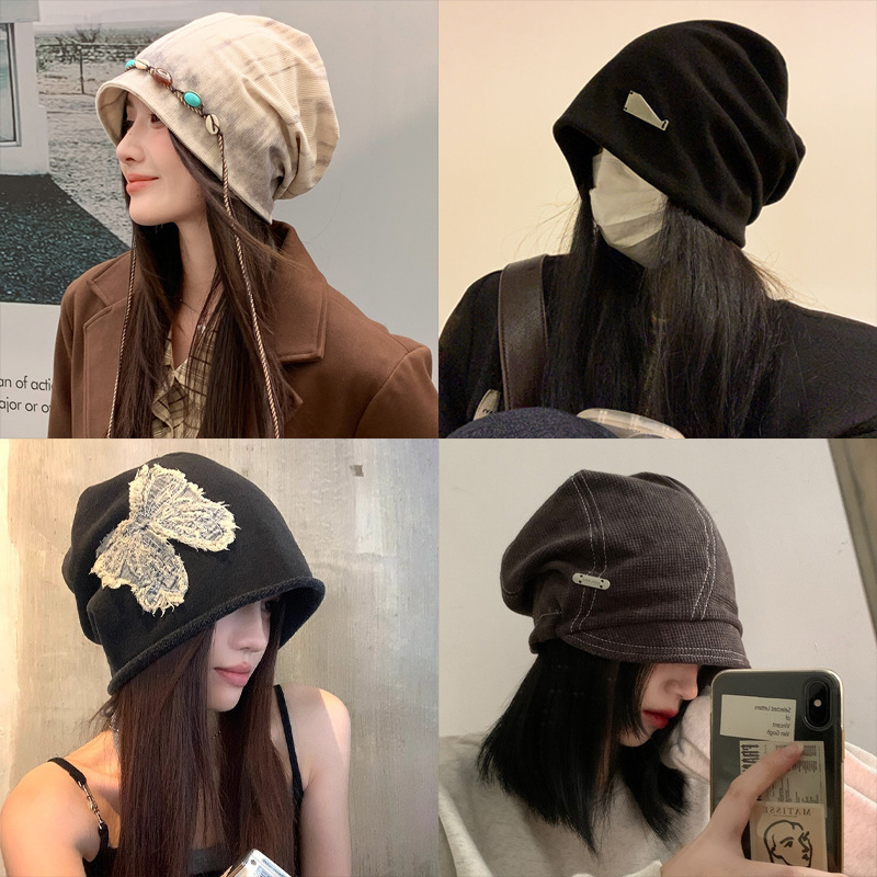 黑色堆堆帽女秋冬季新款大头围显脸小包头帽时尚百搭针织套头帽子|undefined