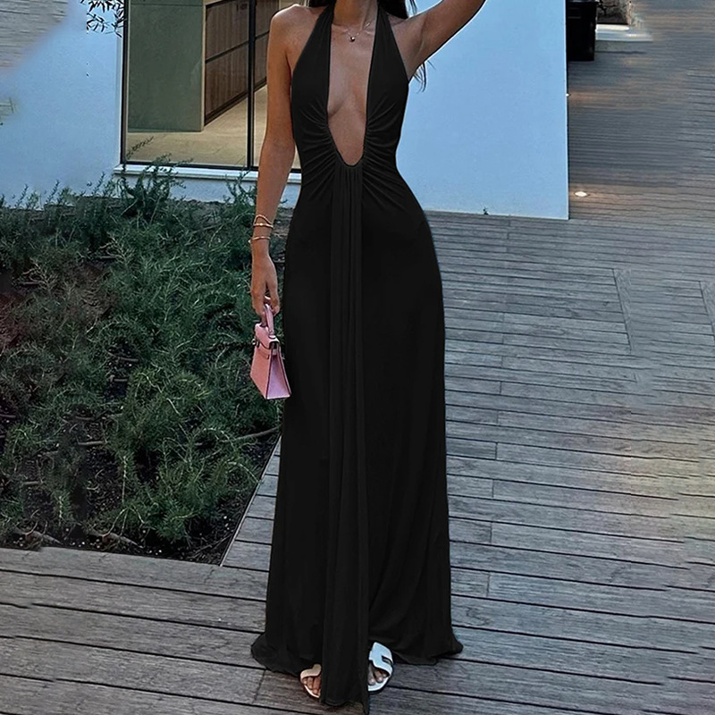 Ropa de mujer transfronteriza 2025 primavera vestido europeo y americano nuevo temperamento elegante cuello halter cuello en V sexy vestido sin espalda