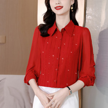 正品牌烫钻职业衬衫女长袖网纱拼接2025春季新款时尚气质中年衬衣