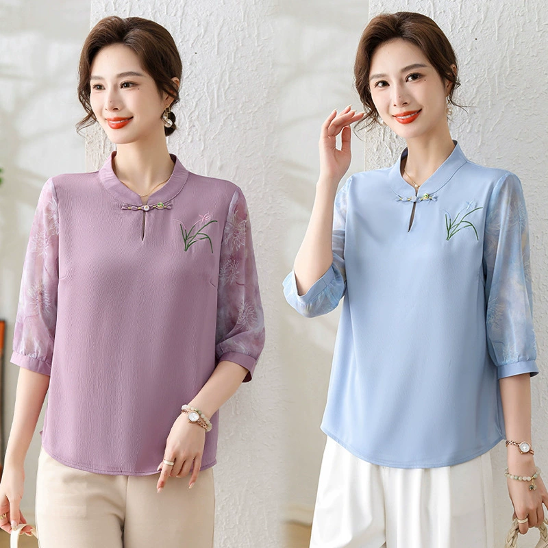 Мама весенняя новая китайская рубашка в стиле 2024 новый средний и пожилой леди летняя рубашка