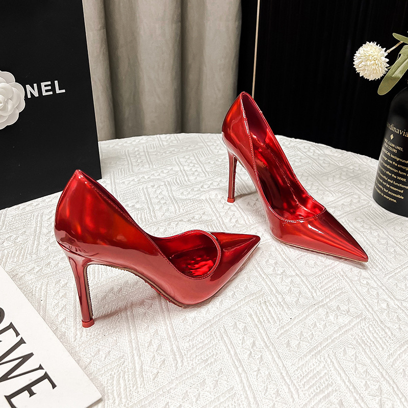 Laser Red Rhinestone Red Sole Stiletto High Heels, Feminine Elegant, Versatile Professional Pointed Toe Shallow Mouth Nightclub Temptation Shoes