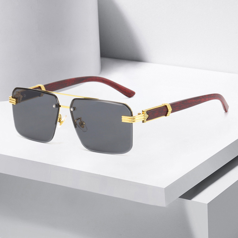 New European and American Fashion Square Frame Sunglasses, Half-Frame Cut-Edge Sun Protection Sunglasses, Square High-End Wood Grain Rimless Glasses