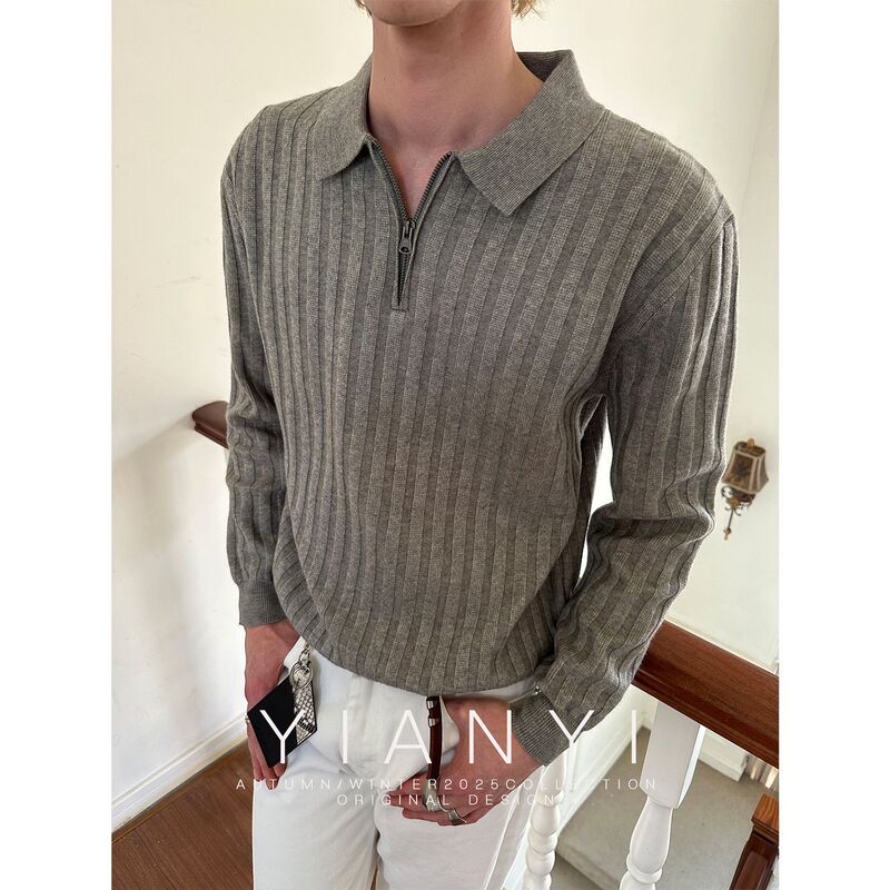 【Eme】Autumn Old Money Style Retro Casual Commuter Thick Striped Polo Collar Knit Sweater Top for Men and Women
