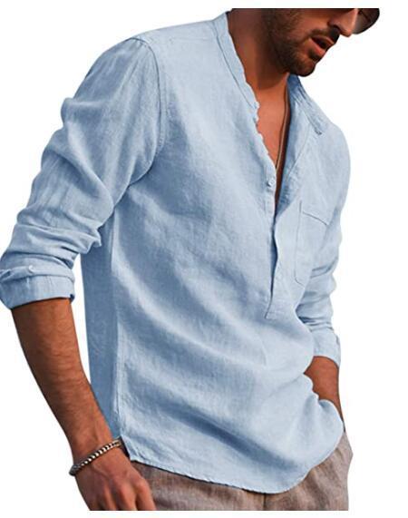 Herren Casual Hemd Mit V-ausschnitt Aus Baumwolle Und Leinen_voghion.com