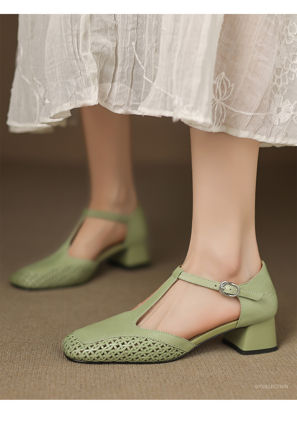 Sandal quai chữ T bít mũi da bò lớp đầu gót thô 4cm đục lỗ thoáng khí — Màu đen chi tiết 8