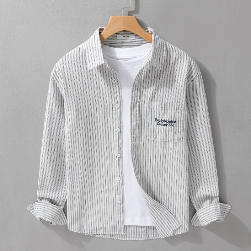 Японская свежая мужская одежда в полоску минималистская рубашка с длинными рукавами повседневная свободная популярная молодежная дикая мужская рубашка