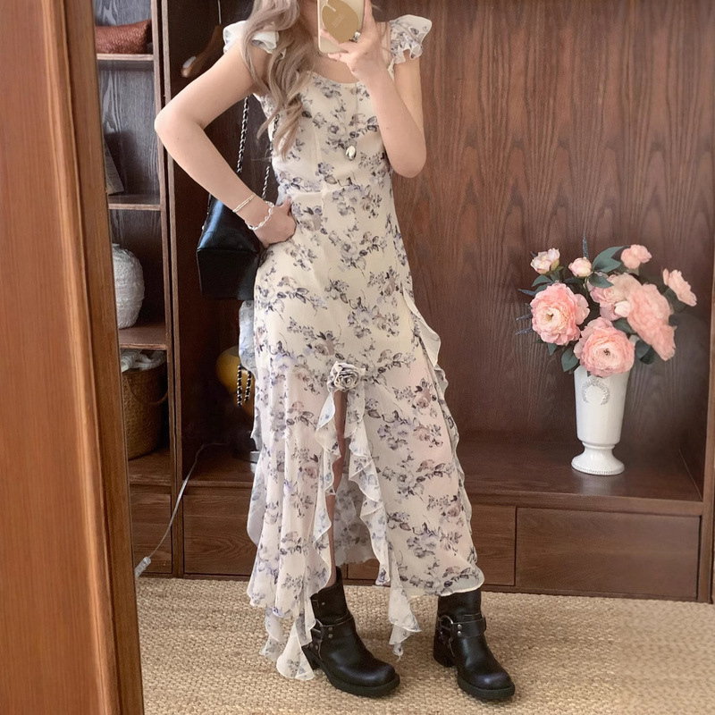 Spot Zhao Meiyan's Same Style Small Floral Long Dress 2025 Summer Women's Korean Style Ins Lace-Up Sleeveless Long Dress