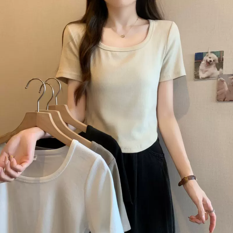 下摆弧形u领正肩短袖T恤女夏季甜辣风小个子短款上衣时尚纯欲风