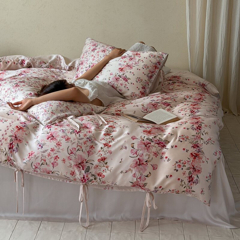 Korean-Style Pastoral Floral Design, 60-Count Imported Austrian Lf Lenzing Tencel ™ Four-Piece Summer Set with Lyocell Cooling Effect