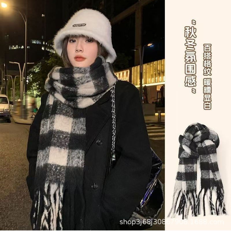 围巾冬季女2025新款薄荷绿色格子羊绒韩系百搭氛围高级感加厚围脖|undefined