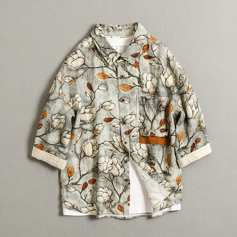 Men's Printed Fashion Linen Shirt 2024 Summer Loose Simple Flower Men's Shirt 3351