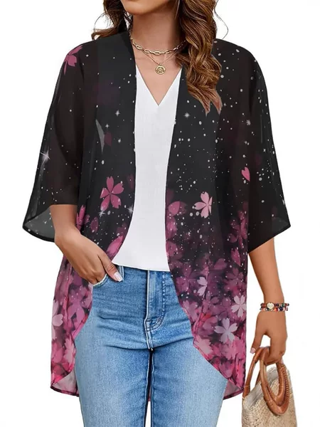 Women's Floral Print Puff Sleeve Kimono Cardigan Loose Blouse Casual Shirt Top European and American Style Comfortable Casual Wear