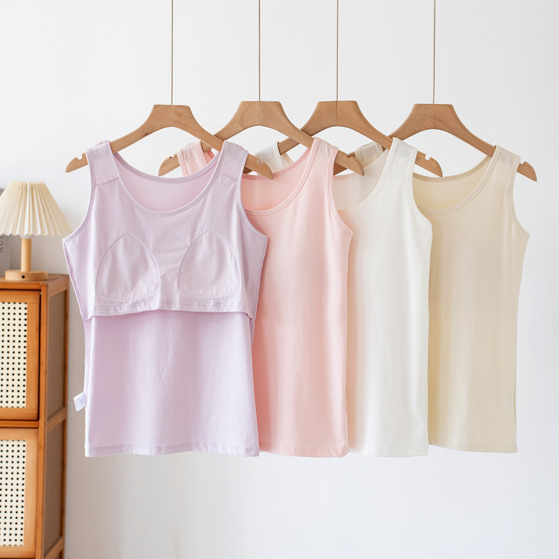 Pure cotton vest with chest pads for women, summer sleeveless camisole, no-bra home wear, loose fit, plus size, multi-color