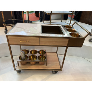South Hotel Supplies Luxury Square Rose Gold Frame Ice Lattice Double Decker Wine Car Hand Push Service Car Wine Delivery Car