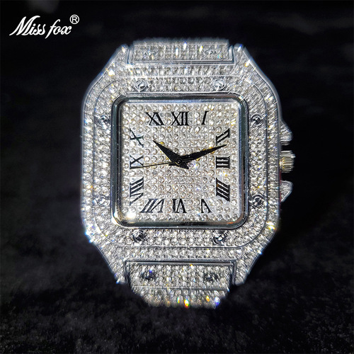 missfox European and American golden Roman high-end hip-hop star-studded diamond square men's watch fashion quartz watch
