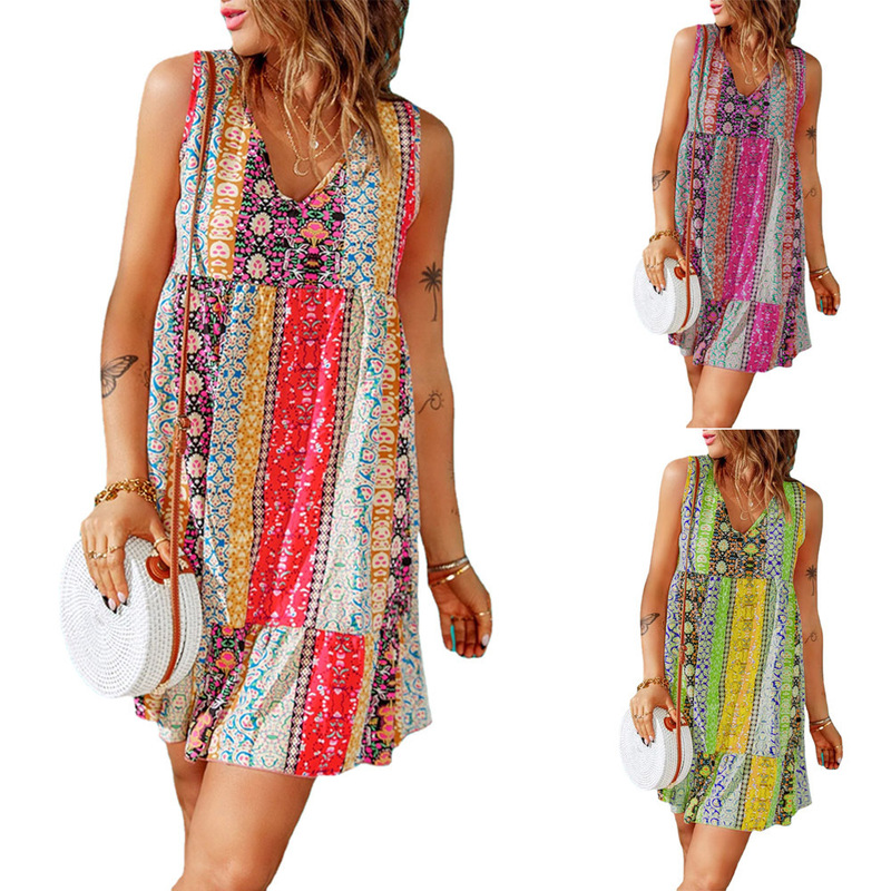 Amazon Cross-Border 2025 European and American Summer New Floral Splicing Ruffled V Neck Sleeveless Mini Dress