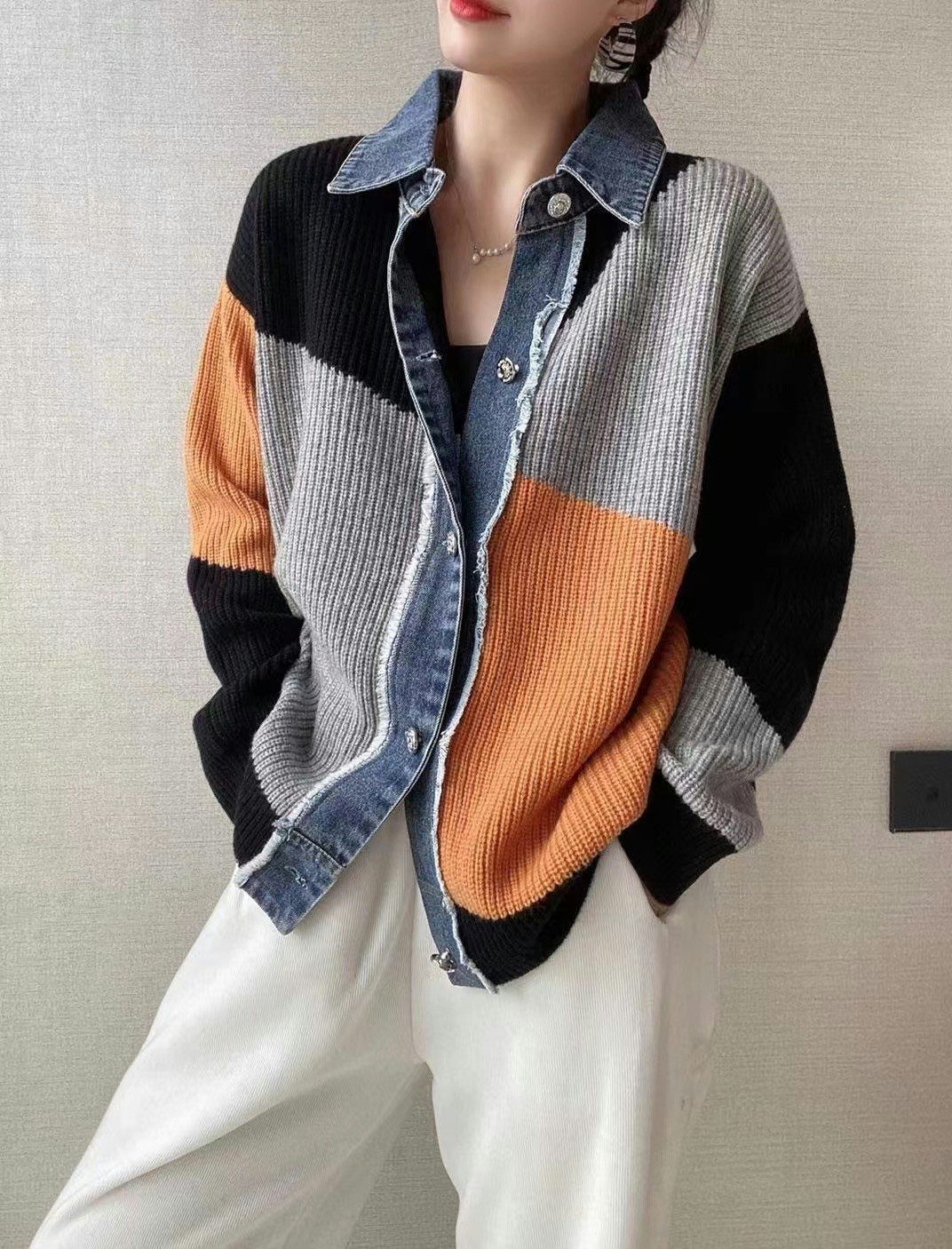 Women's Clothing 2023 autumn new version long sleeved lapel color matching two piece cardigan women's jacket denim_voghion.com