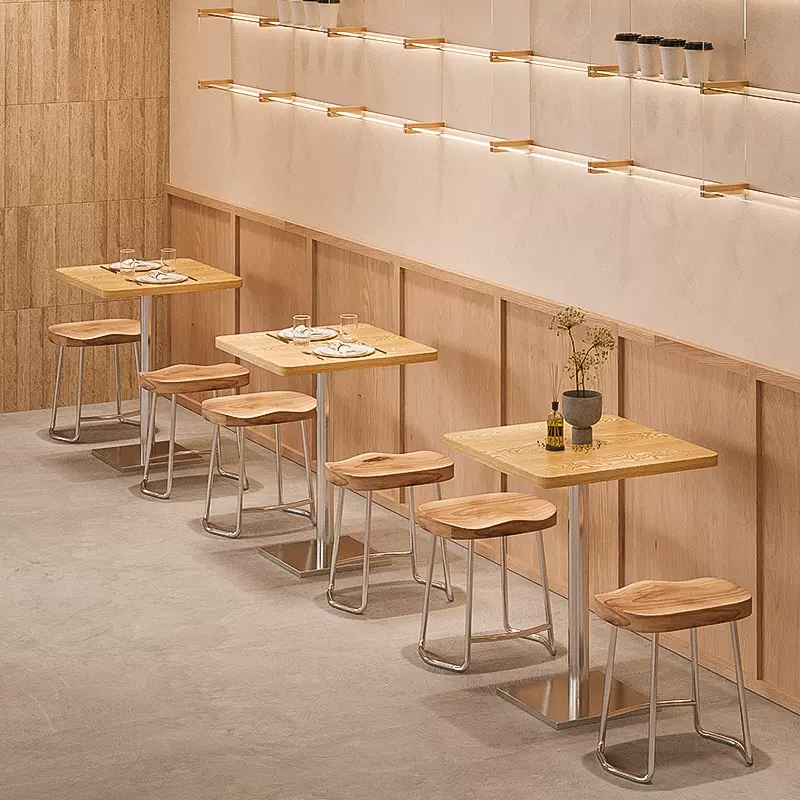简约原木小吃店餐饮家具奶茶店烧烤店凳子汉堡店麻辣烫店桌椅组合