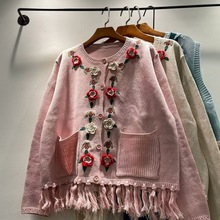 2025秋冬女装新款森女系花朵圆领单排扣宽松长袖毛衣开衫外套女