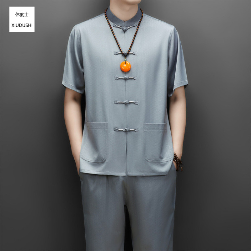 Summer Chinese style Tang suit, two-piece set with Chinese knot buttons, top and trousers, made of imitation silk fabric, plus size men's clothing for middle-aged and elderly people.