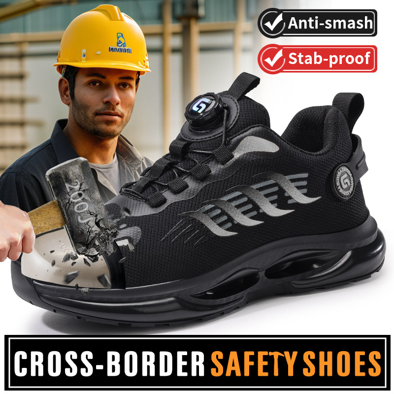 跨境TEMU新款纽扣鞋防砸防刺穿轻便钢包头工地安全防护劳保鞋男款