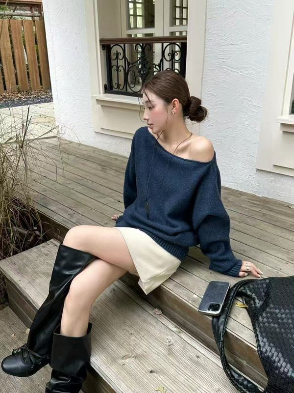 韩国chic休闲斜肩长袖女松弛感不规则针织衫秋上新小众蝙蝠袖上衣|undefined