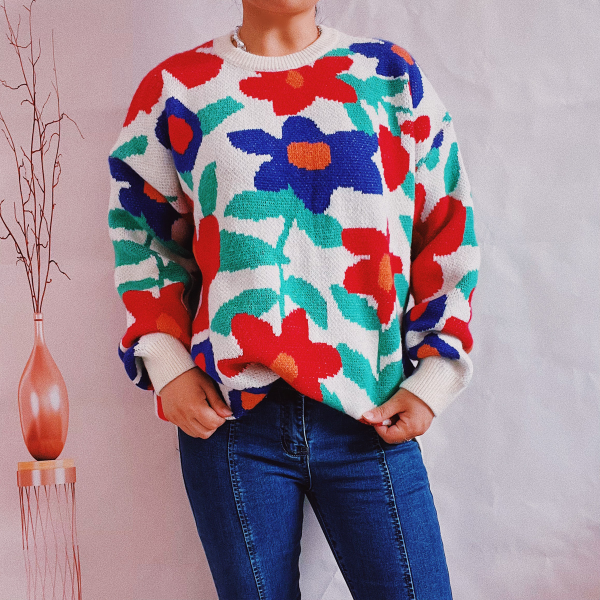 Fashion Flower Polyester Round Neck Long Sleeve Regular Sleeve Jacquard Sweater display picture 6