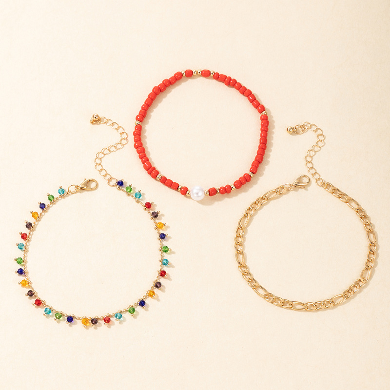 Ethnic Style Foot Decoration Color Beaded Pearl Three-layer Anklet Metal Chain Multi-layer Anklet display picture 4