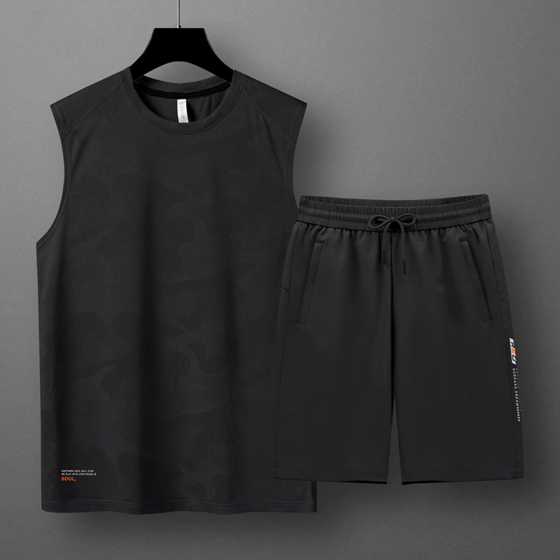 Летний спортивный быстросохнущий костюм из ледяного шелка, жилет без рукавов, модные повседневные шорты, костюм для фитнеса, бега, спортивный жилет