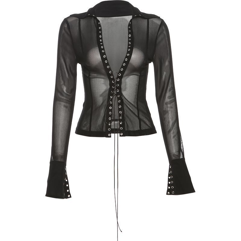 Early Autumn Stylish Lace-Up Slimming Trendy Black Sheer Mesh Long-Sleeve T-Shirt for Women with a Unique Design, Slim-Fit Hot Girl Top Early Autumn Stylish Lace-Up Slimming Trendy Black Sheer Mesh Long-Sleeve T-Shirt for Women with a Unique Design, Slim-Fit Hot Girl Top